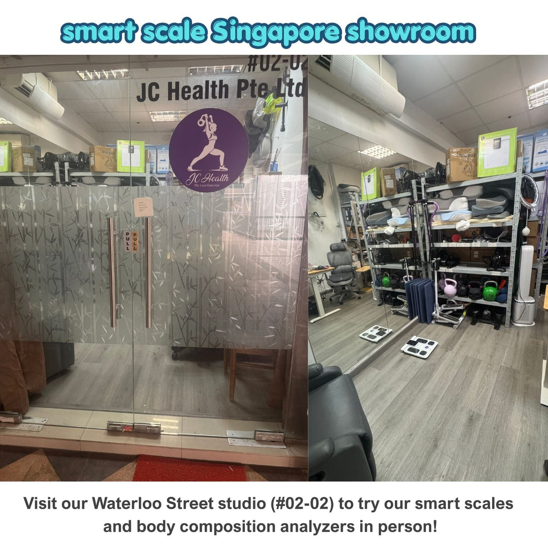 JCHealth physical showroom at 261 Waterloo Street #02-02 Singapore showing smart scales and testing area