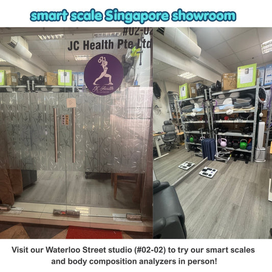 JCHealth physical showroom at 261 Waterloo Street #02-02 Singapore showing smart scales and testing area