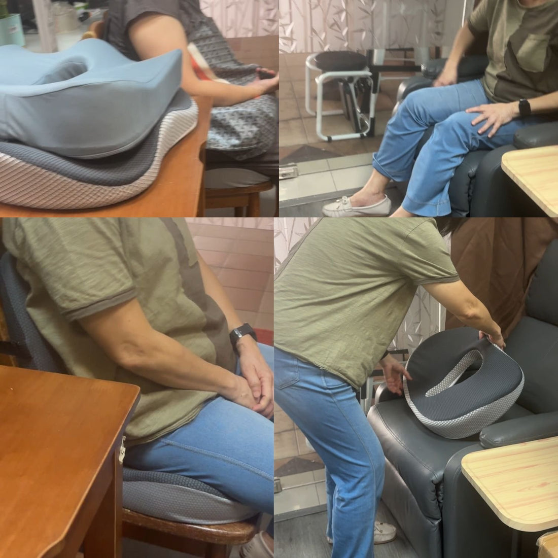 A visitor testing the 45cm donut cushion on a recliner and the 2-in-1 lumbar and seat cushion set on a wooden chair at the JC Health showroom