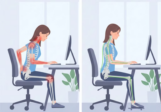 Comparison of poor sitting posture causing tech-neck and lower back pain versus correct spinal alignment using ergonomic lumbar and seat support