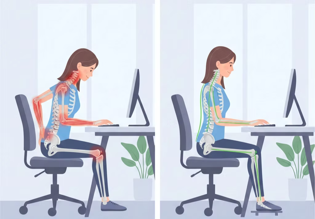 Comparison of poor sitting posture causing tech-neck and lower back pain versus correct spinal alignment using ergonomic lumbar and seat support