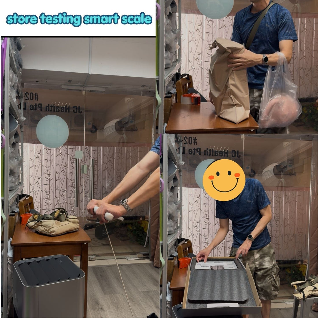 JC Health 8-Electrode Smart Scale in-store test at Waterloo Centre Singapore showroom — customer unboxing and testing segmental body composition scale.