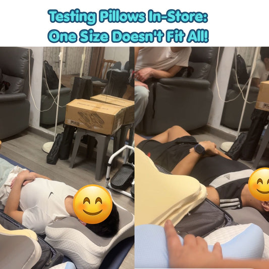 Two students testing adjustable cervical pillows on a yoga mat inside JC Health showroom at Waterloo Street Singapore