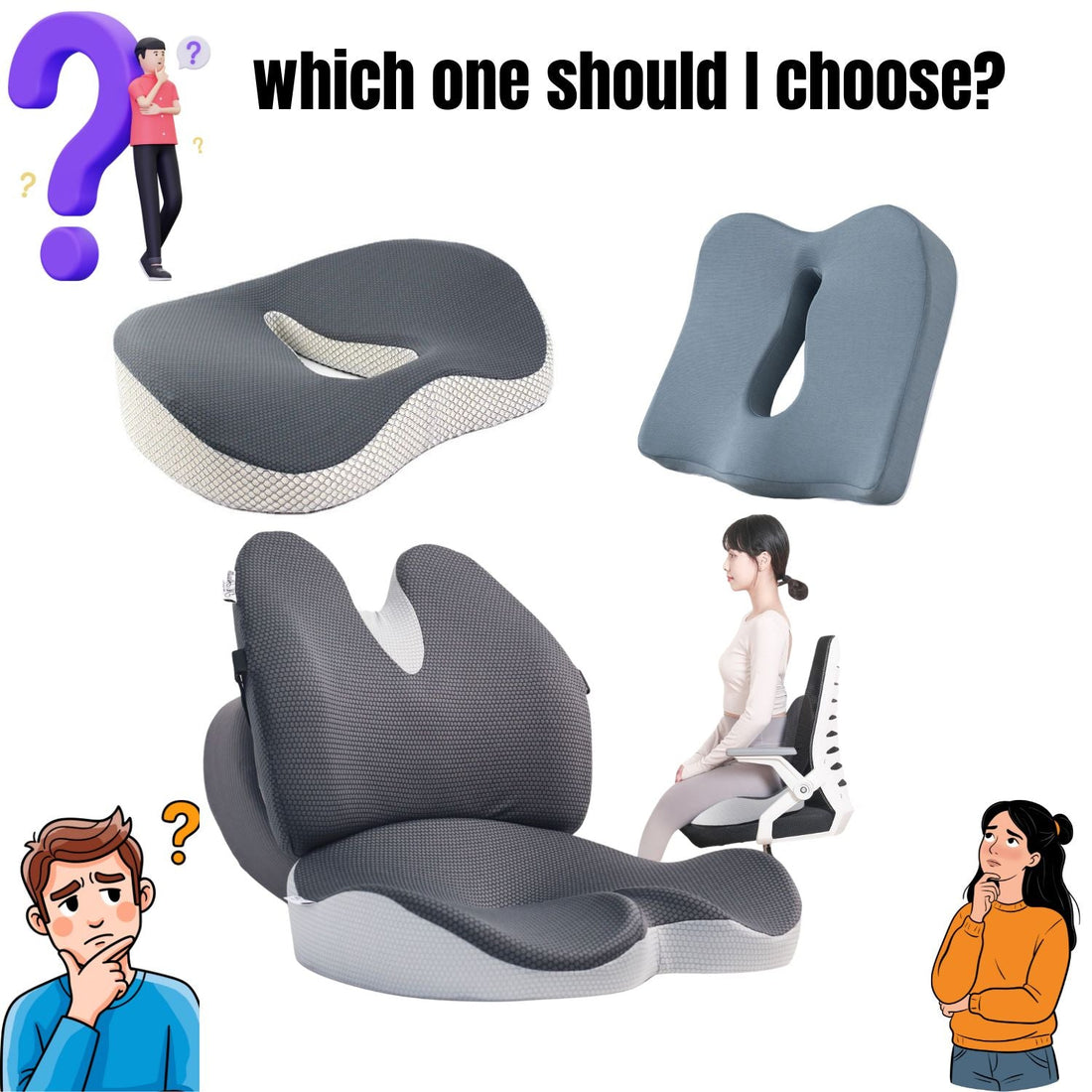 A comparison of JCHealth donut cushions available in Singapore: Blue Ergonomic, Grey Professional, and 2-in-1 Lumbar set for tailbone and back pain relief