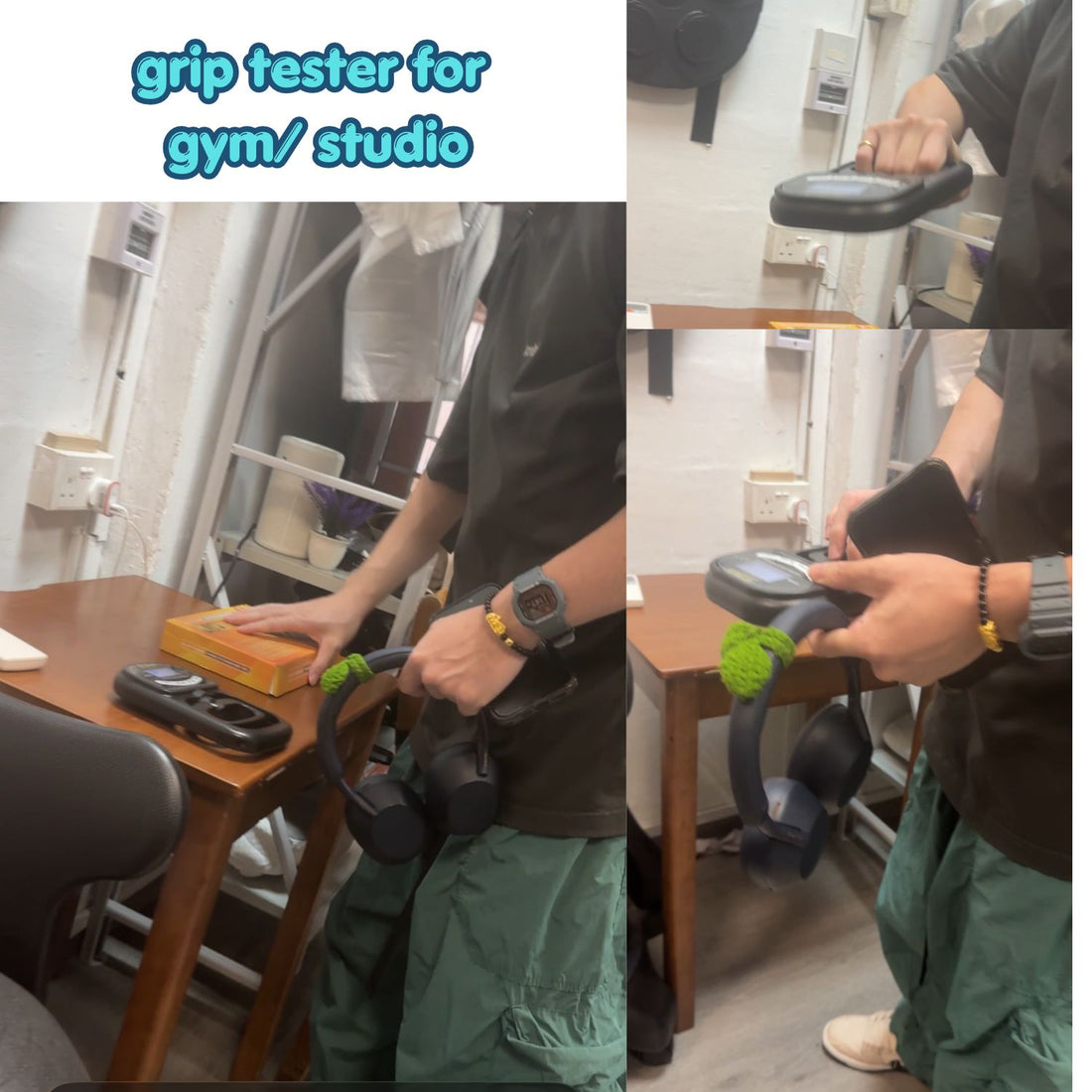 Customer testing the JC Health EH109 Electronic Hand Dynamometer for gym and Pilates studio use at JC Health Singapore showroom.