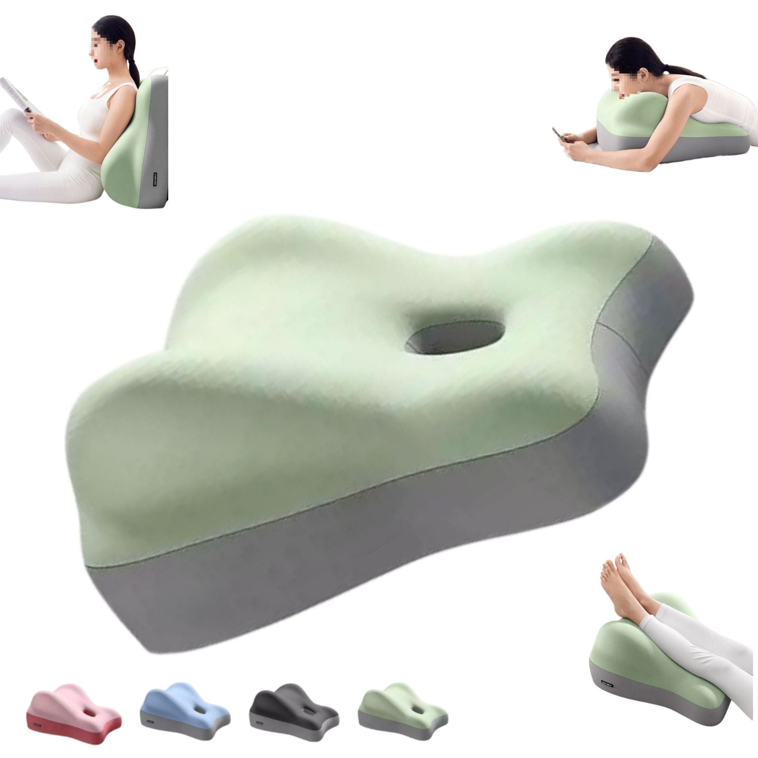 JC Health 4-in-1 Ergonomic Lounge Wedge in Fruit Green showing prone reading, bed headrest, and leg elevation positions