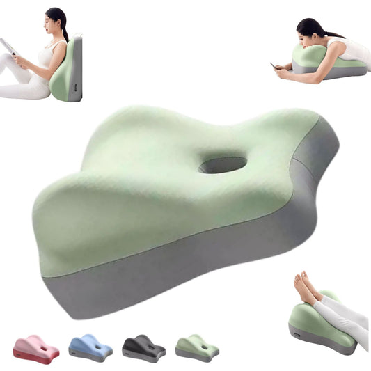 JC Health 4-in-1 Ergonomic Lounge Wedge in Fruit Green showing prone reading, bed headrest, and leg elevation positions