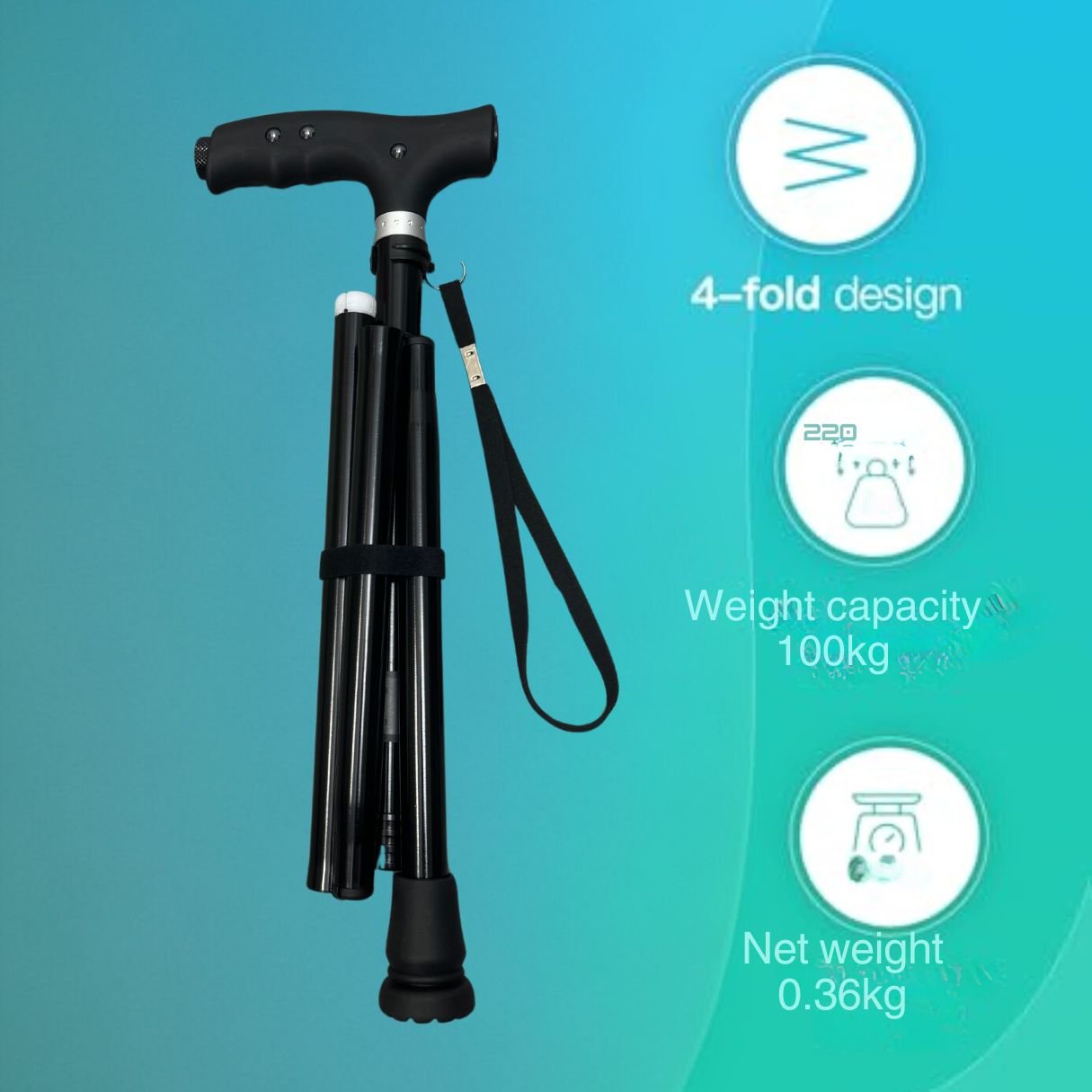 Black folding cane with features highlighted on a blue gradient background