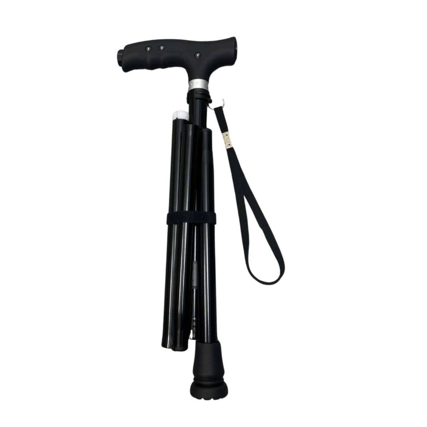 Black foldable walking cane for seniors, 4-section folding design with ergonomic T-handle and wrist strap, isolated on white background