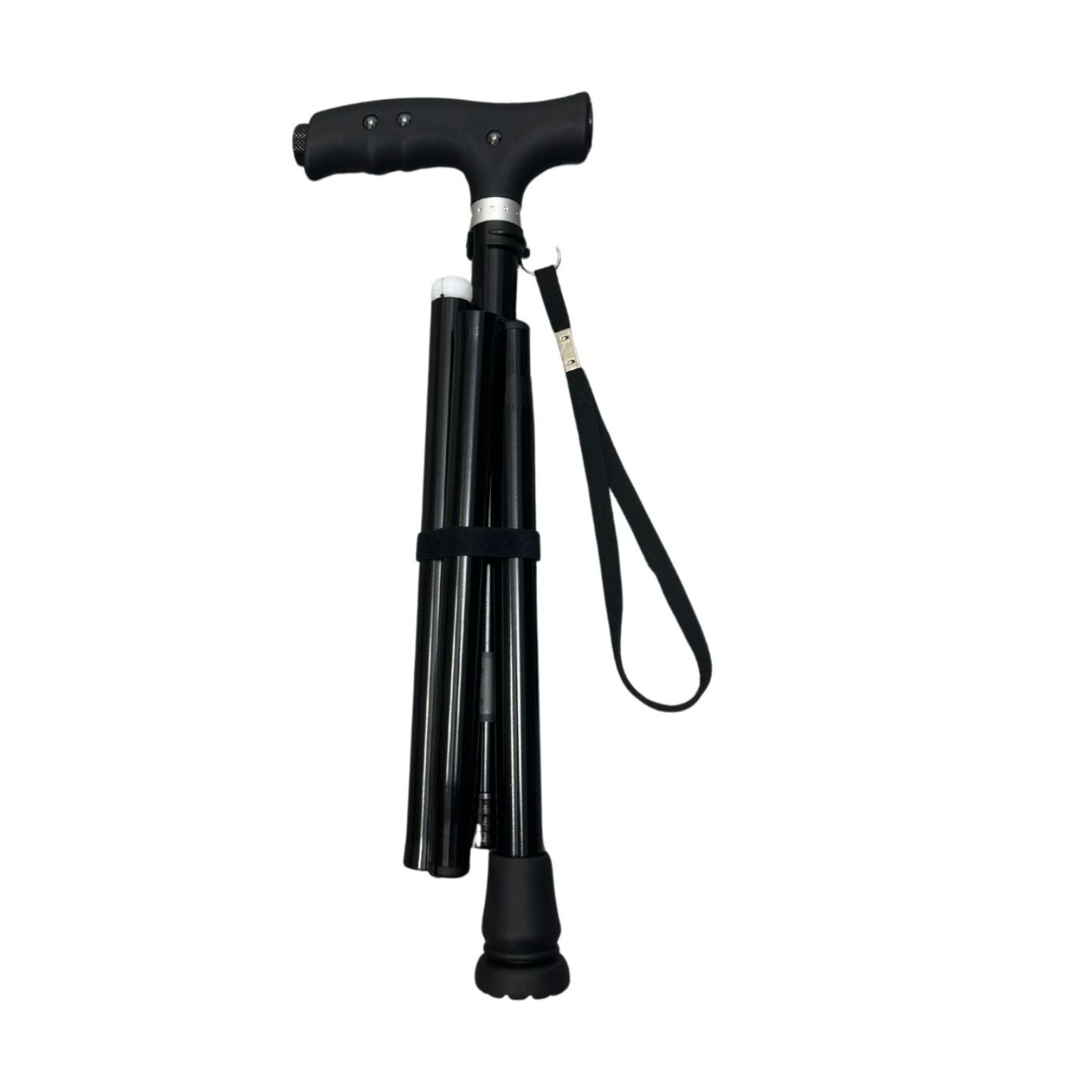 Black foldable walking cane for seniors, 4-section folding design with ergonomic T-handle and wrist strap, isolated on white background