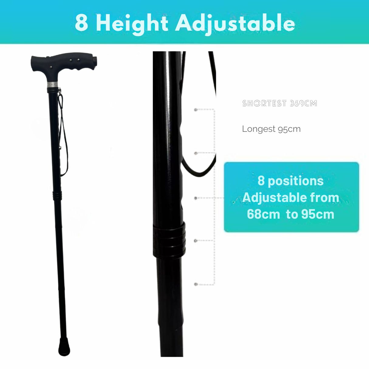 Infographic showing 8-level height adjustment for walking cane from 68cm to 95cm for seniors