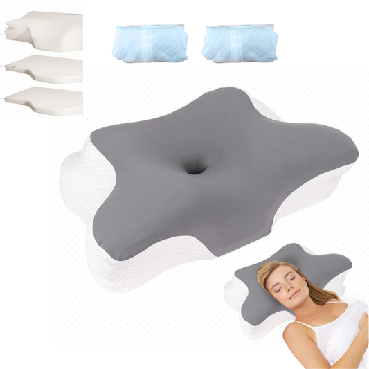 JCHEALTH ergonomic butterfly memory foam pillow with 3 adjustable layers, shown with a woman sleeping peacefully for neck and spine support