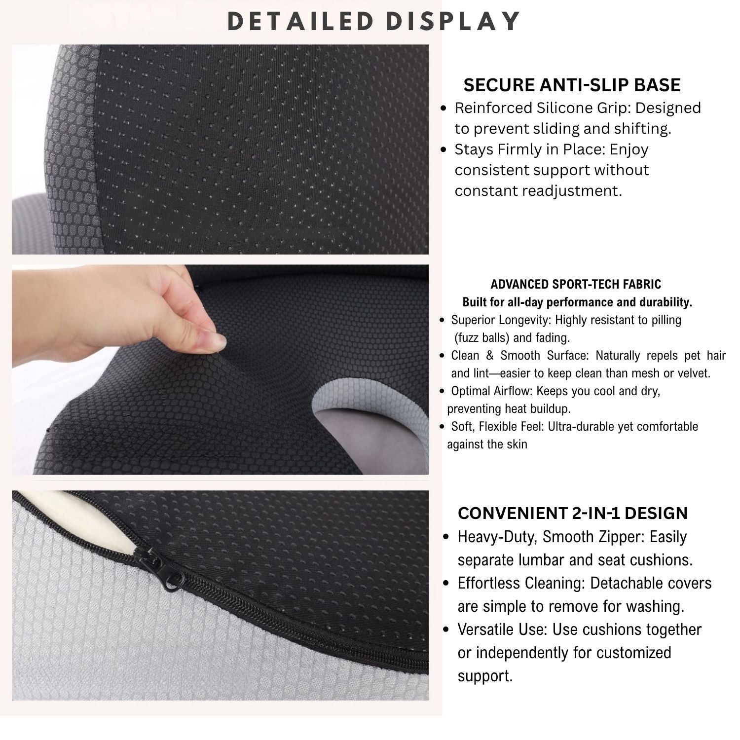 Close-up showing the Advanced Sport-Tech fabric resisting pilling and the heavy-duty zipper for easy detachment and washing