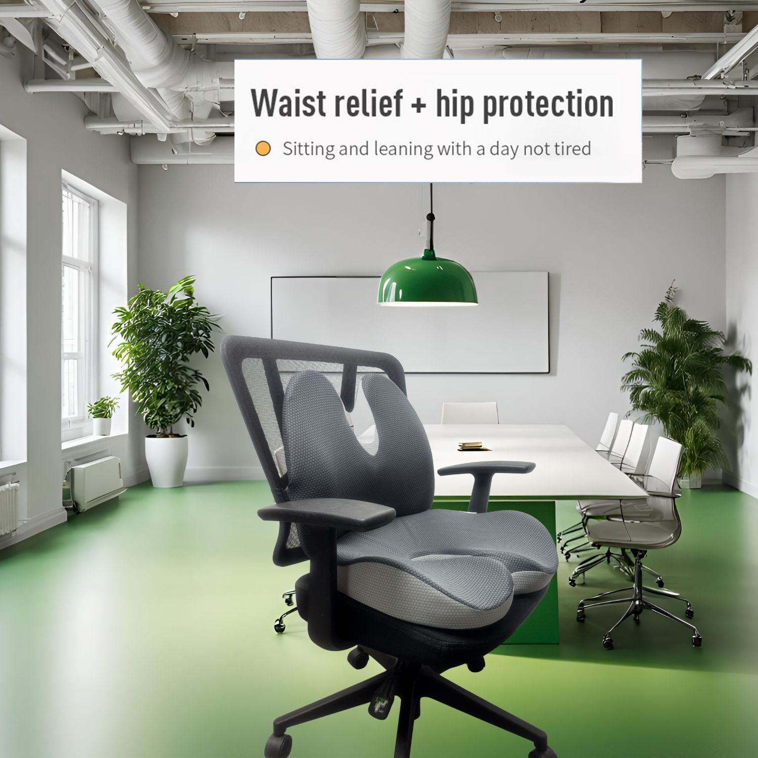 Lifestyle shot of the full JcHealth cushion set on a modern office chair in an aspirational conference room, demonstrating waist and hip protection for long sitting sessions.