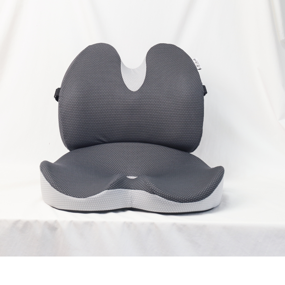 Front-view of the full JcHealth Integrate Lumbar and Seat Cushion set, highlighting the ergonomic shape and smooth Sport-Tech fabric cover.