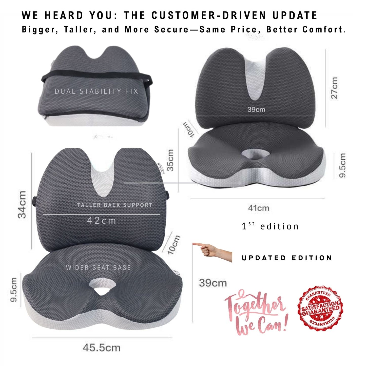 Visual comparison chart of the JcHealth integrated lumbar and seat cushion, proving the upgrade in dimensions: Wider ($45.5 \text{cm}$) and Taller ($34 \text{cm}$) back support. Highlights the new Dual Stability Fix and Satisfaction Guaranteed seal.