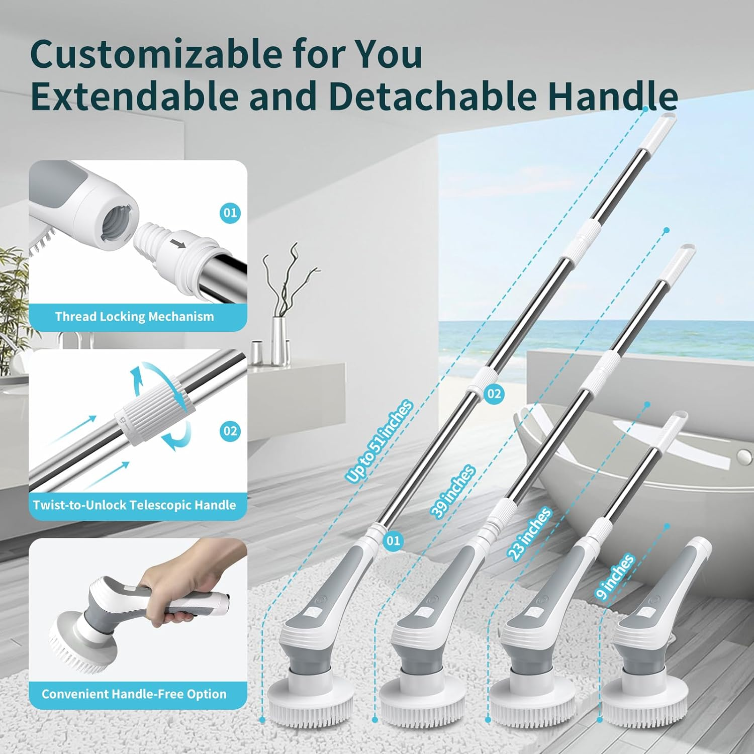 Infographic for the DivasPlace Electric Spin Scrubber, highlighting its 'Customizable for You - Extendable and Detachable Handle.' The image demonstrates the thread locking mechanism and twist-to-unlock telescopic handle, showing its use as a convenient handle-free option (9 inches), a mid-length 23-inch handle, and fully extended up to 39 inches, offering versatile reach for various cleaning tasks.