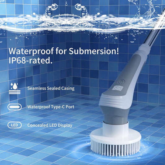Infographic for the DivasPlace Electric Spin Scrubber, demonstrating its IP68-rated 'Waterproof for Submersion!' capability. The image shows the scrubber partially submerged in water, highlighting its seamless sealed casing, waterproof Type-C charging port, and concealed LED display, ensuring safe, durable, and versatile cleaning in all wet environments