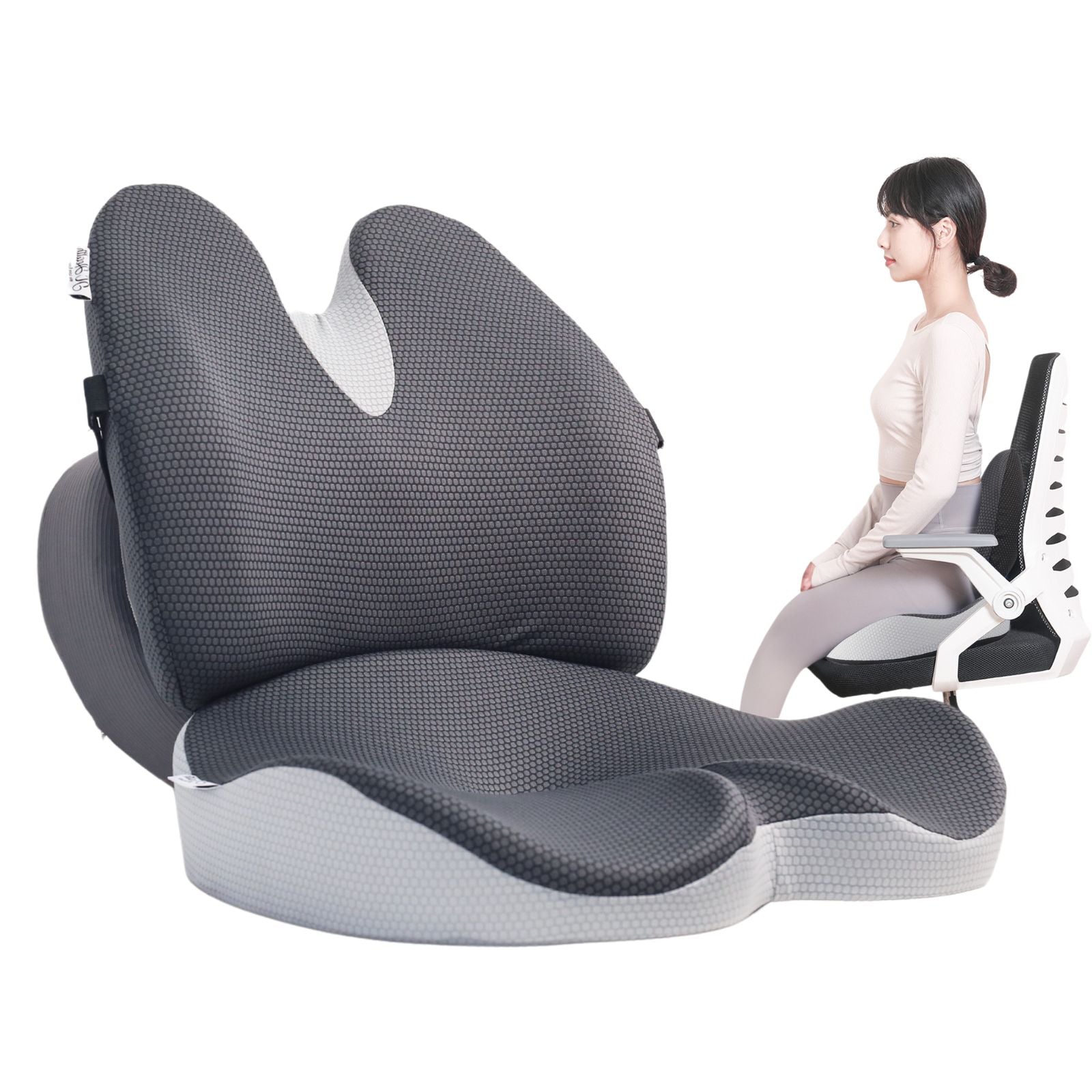 Primary image showing proper sitting posture with the full JcHealth Integrate Lumbar and Seat Cushion set installed on a white office chair, illustrating correct ergonomic curve and size comparison.
