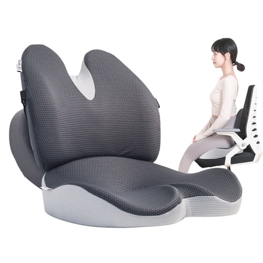 Primary image showing proper sitting posture with the full JcHealth Integrate Lumbar and Seat Cushion set installed on a white office chair, illustrating correct ergonomic curve and size comparison.