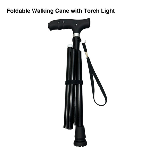 Foldable walking cane with torch light on a white background