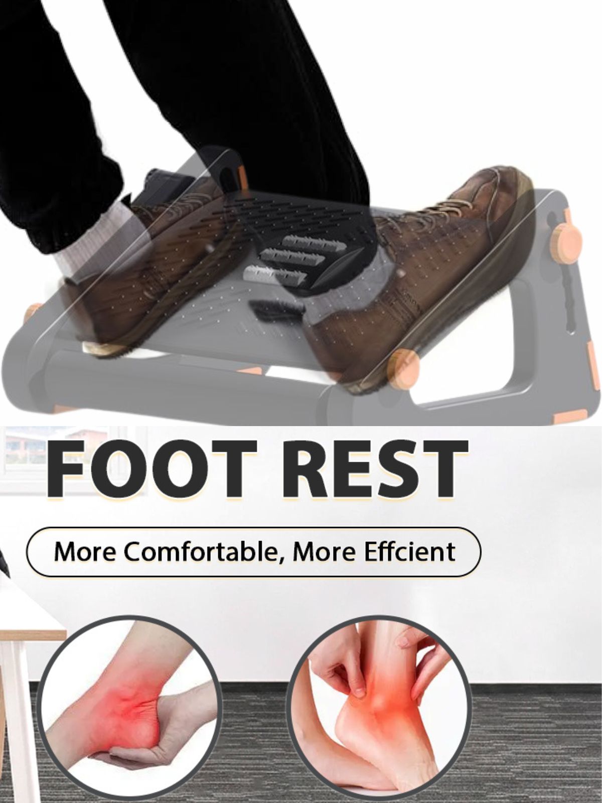 Foot Rest, Six Heights Adjustable Foot Rest for Under Desk at Work, Ergonomic Foot Stool for Under Office Desk, Under Desk Footrest with Foot Massage Roller, Chair Footrest for Leg Rest