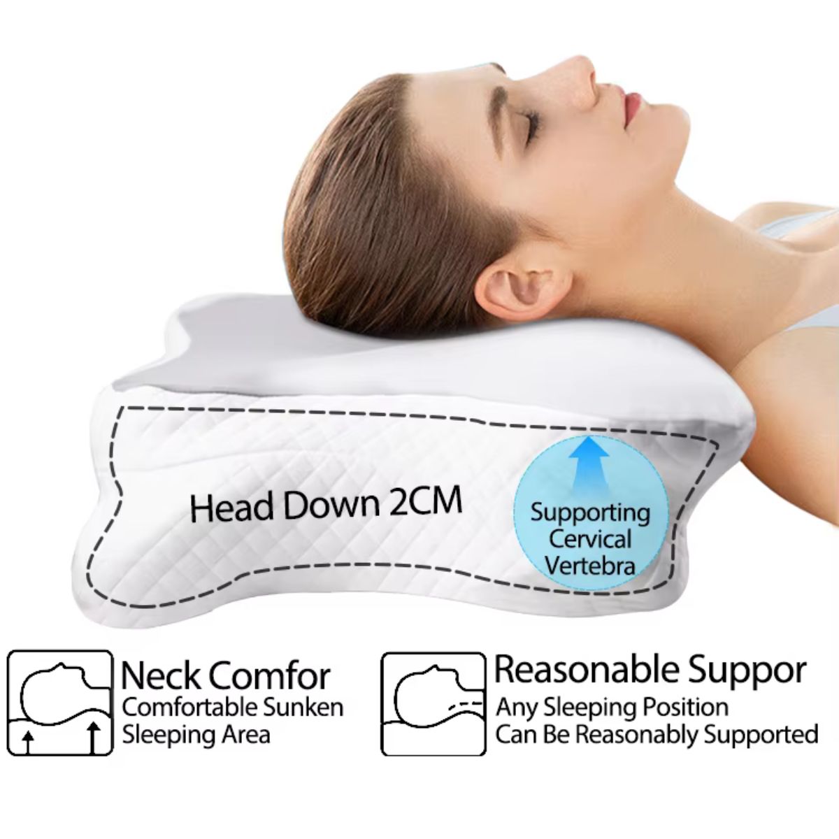 Close-up photo of a woman resting on the pillow, highlighting the supportive memory foam that aids head and neck alignment
