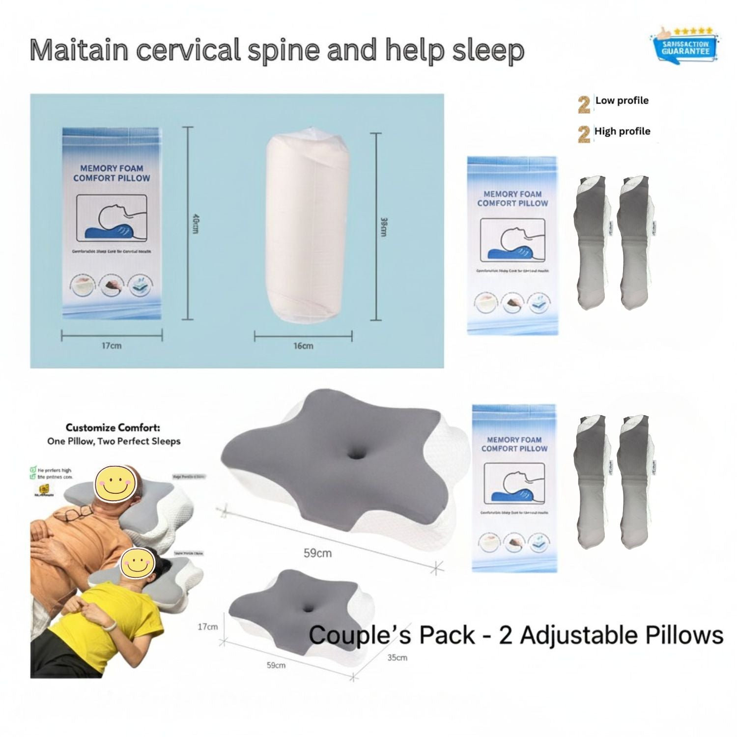 specifications for the 17cm extra-high his and her 2-pack orthopedic pillow set showing 59cm width, 30-day trial badge, and Singapore collection point at 261 Waterloo Street.