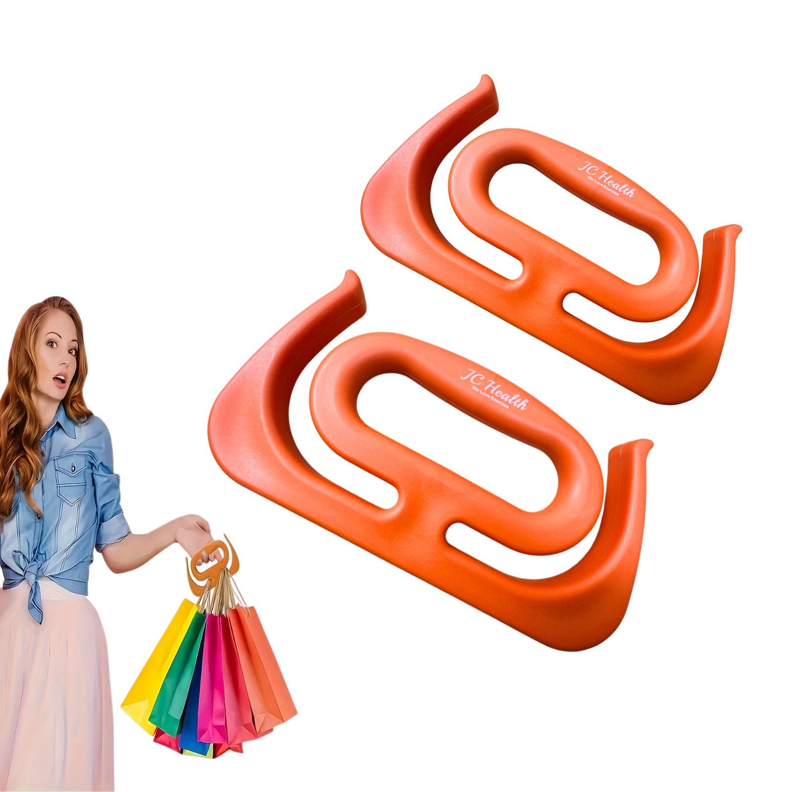 Two orange J.C. Health HandCarry Handles, ergonomic shopping bag carriers designed to reduce hand strain and effort when carrying groceries. A woman in the background holds colorful shopping bags with one handle, demonstrating its use for easy, independent shopping.