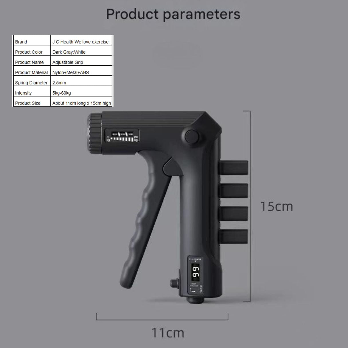 Measurement of Adjustable grip with digital display on a gray background