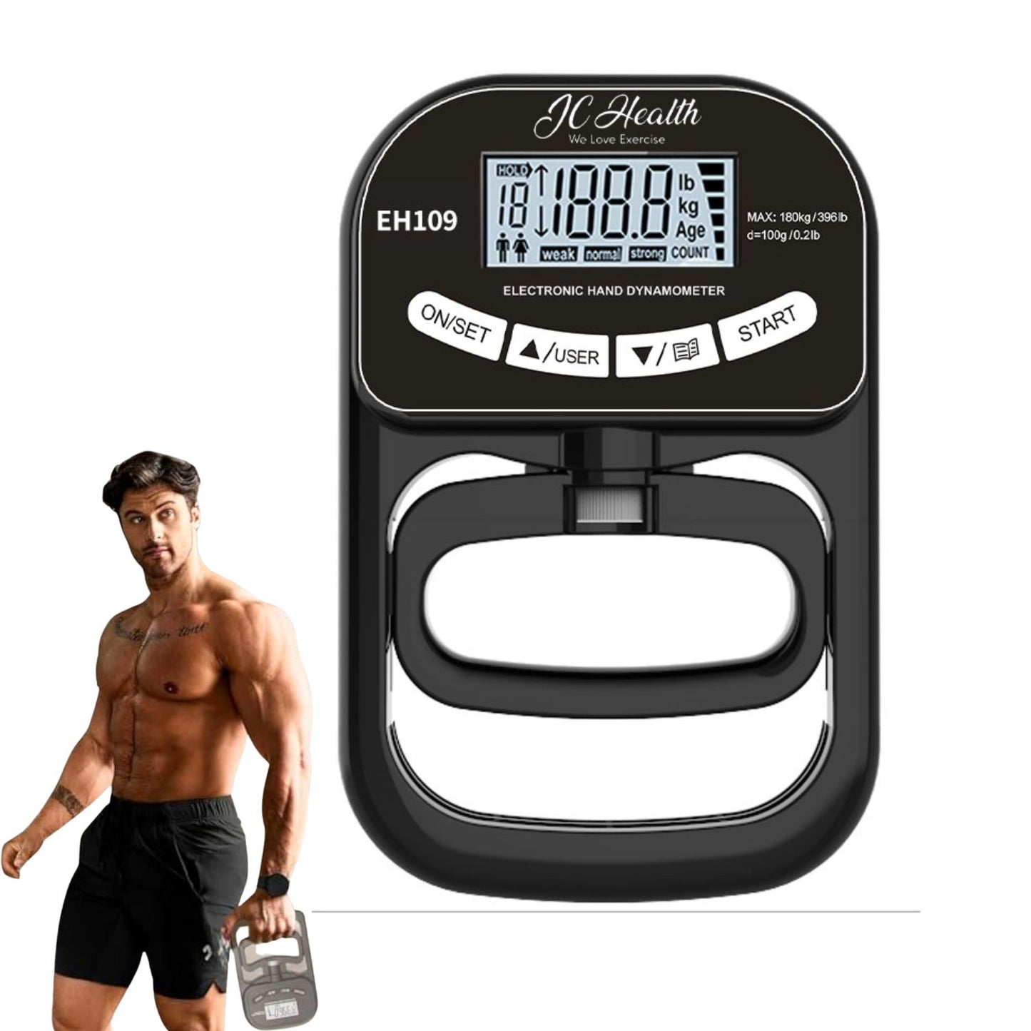 J C Health EH109 Electronic Hand Dynamometer, a 180KG grip strength tracker, held by a strong athlete model on a pure white background. Features the J C Health brand logo and clear digital display.