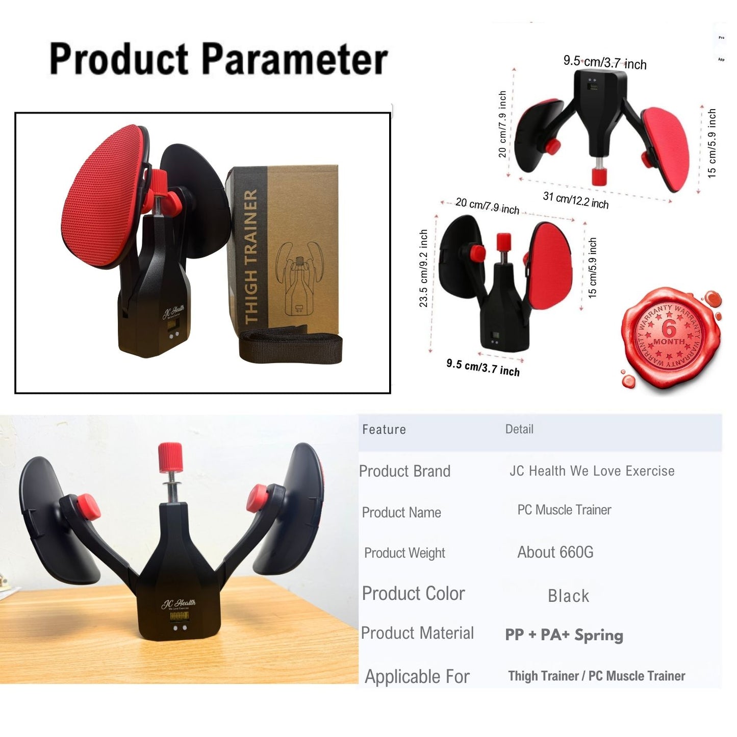 JC Health Thigh Trainer (PC Muscle Trainer) parameter and specification overview image. Includes product dimensions in 3D schematic (31 cm / 12.2 inches wide), a 6-Month Warranty badge, product box, and a feature table listing: Brand, Product Weight (660G), Material (PP+PA+Spring), and Applicable Uses (Pelvic Muscle Training, Fitness).
