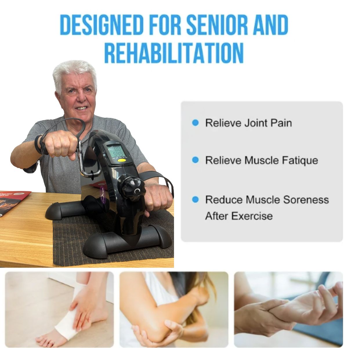 A close-up of the JCHealth Mini Pedal Exerciser placed on a dining table for active arm and shoulder conditioning, showing the adjustable resistance and LCD display for home physiotherapy