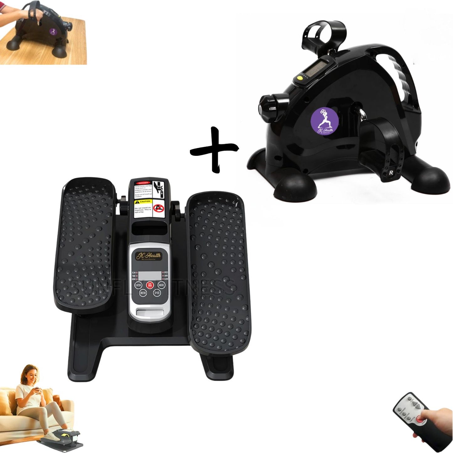 Professional lifestyle photography of the JCHealth 2-in-1 Total-Body Wellness bundle including the 2025 Upgrade Electric Elliptical and Mini Exercise Bike for a complete home hand and leg workout