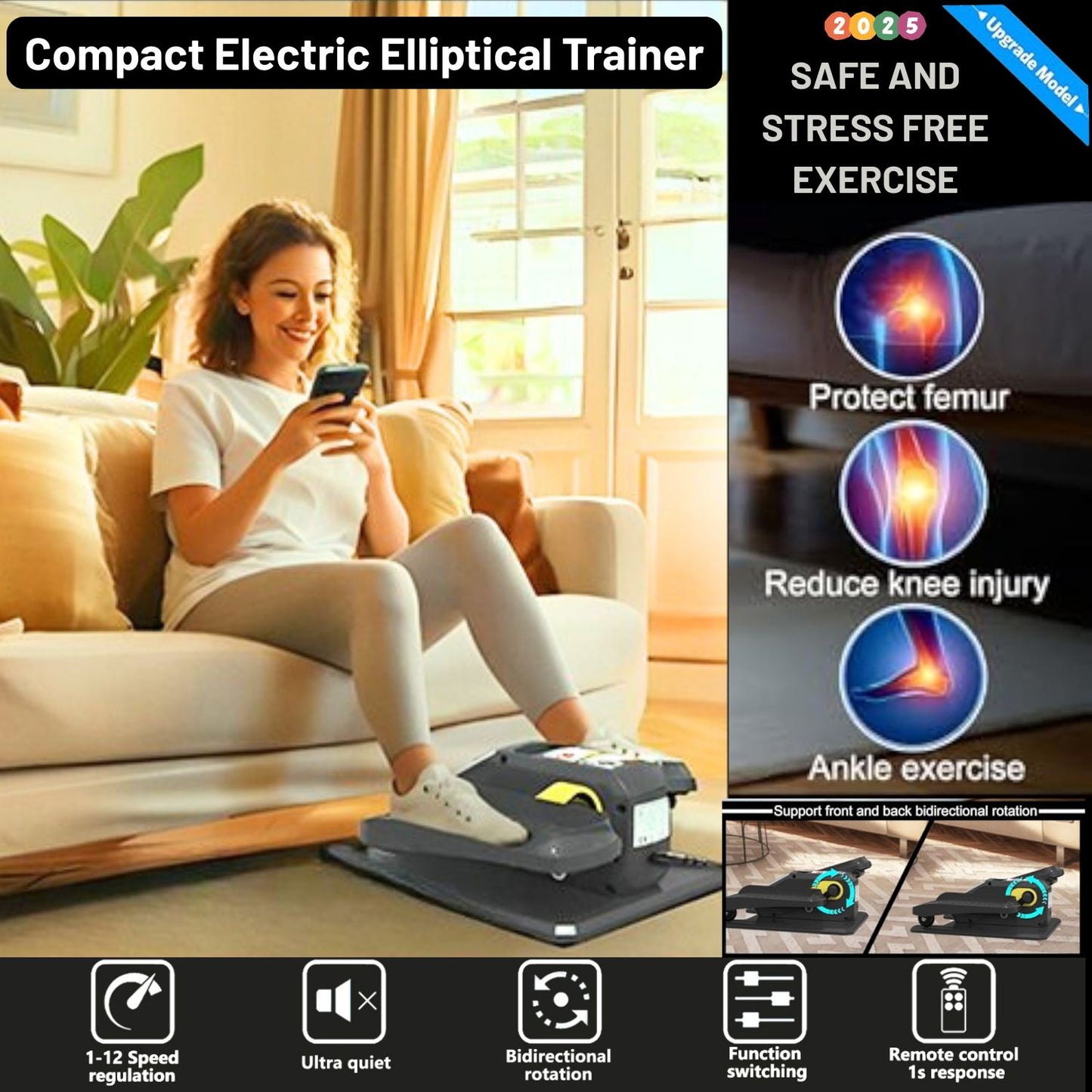 Main image of the JC Health Compact Electric Elliptical Trainer, showing a woman using it while sitting on a sofa. Highlights safe and stress-free exercise benefits like protecting the femur, reducing knee injury, and ankle exercise, with features including 1-12 speed regulation, ultra-quiet operation, bidirectional rotation, and remote control