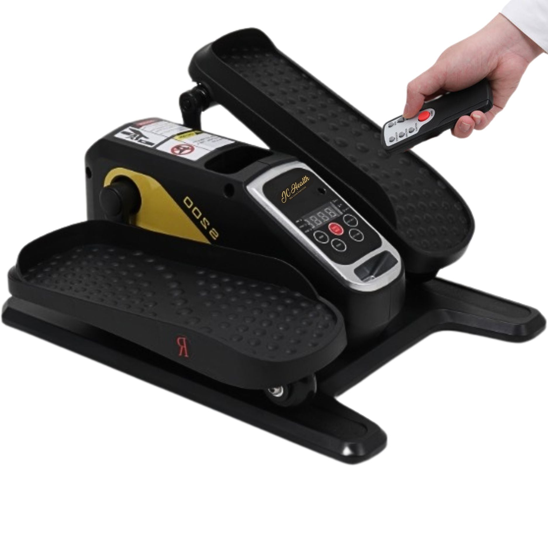 Main product image of the JC Health black electric elliptical trainer with yellow accents, showing its digital display and a hand holding the remote control, for convenient seated exercise