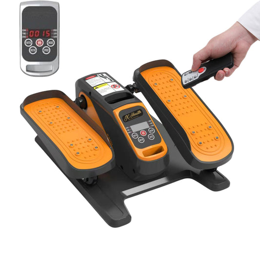 Main product image of the JC Health orange and black electric elliptical trainer, showing its digital display and a hand holding the remote control, with a close-up of the remote control, for convenient seated exercise background