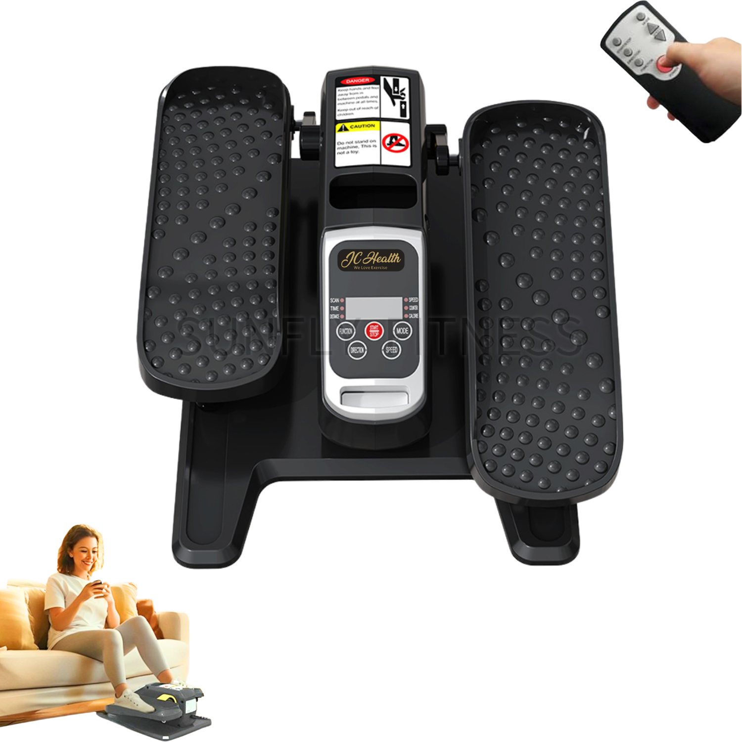 An 80-year-old senior using the JCHealth motorized elliptical trainer for effortless leg circulation while seated comfortably, illustrating the "happy to keep moving" fitness solution for elderly mobility.