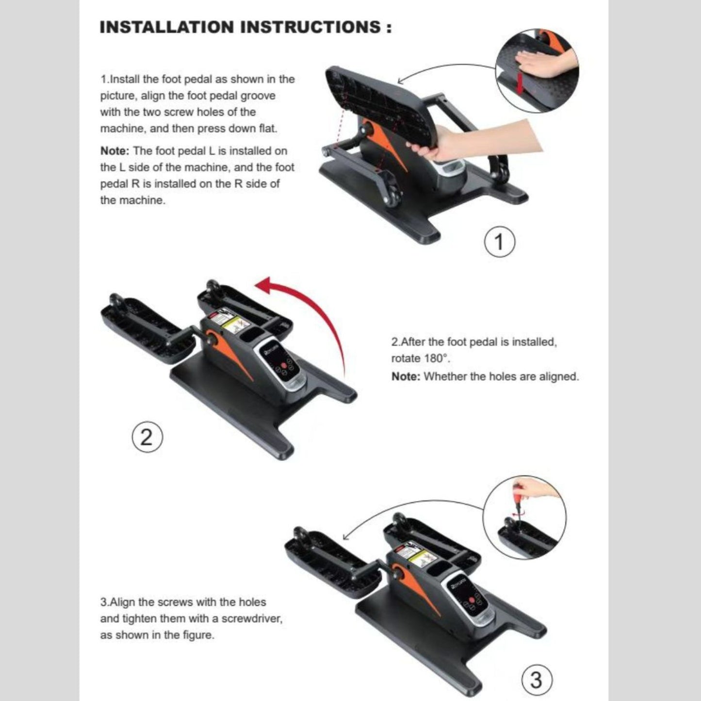 Step-by-step installation instructions for the JC Health Electric Elliptical Trainer, showing how to attach the foot pedals and tighten screws in three easy steps for quick assembly.