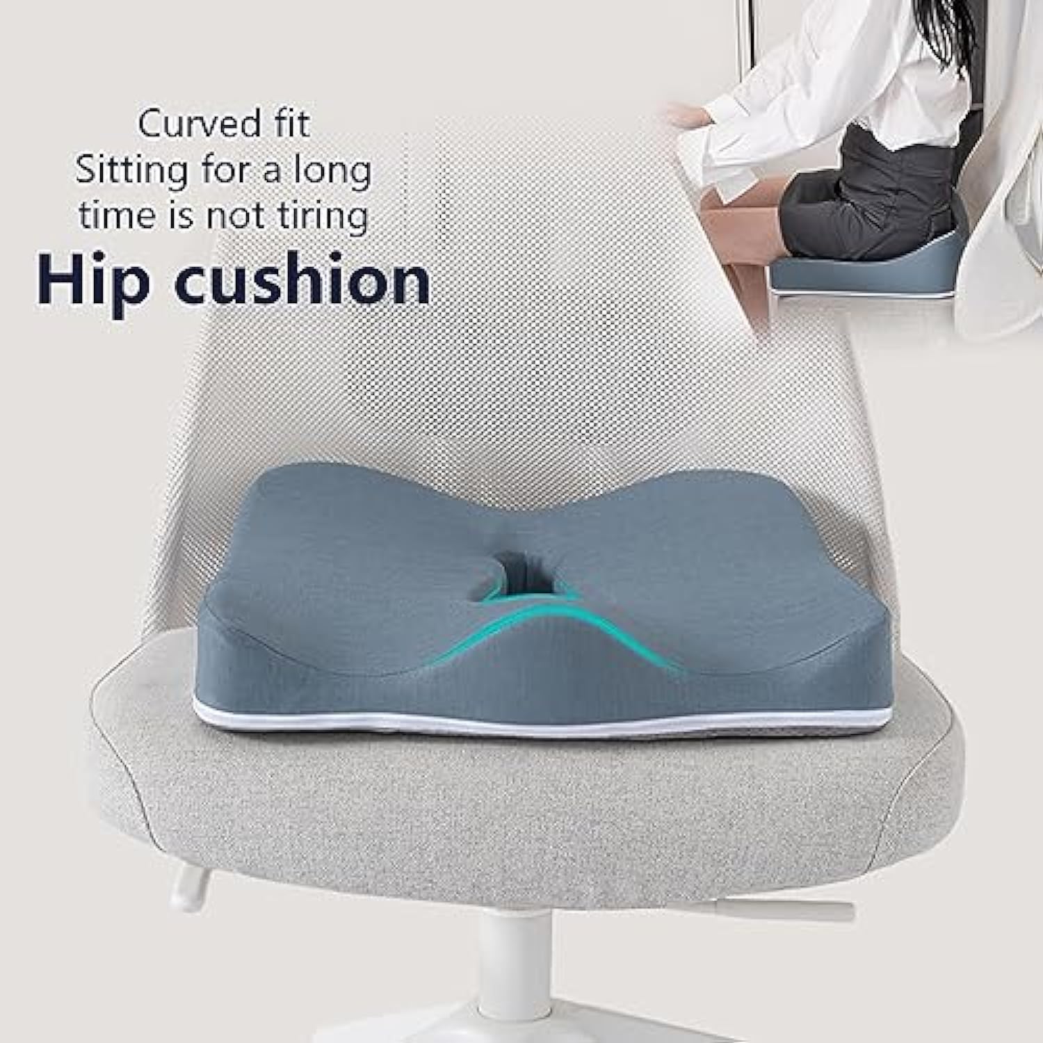 C Health ergonomic hip cushion in light grey, featuring a curved fit design for comfortable long-term sitting without fatigue. The cushion is shown on an office chair with an inset image of a person using it