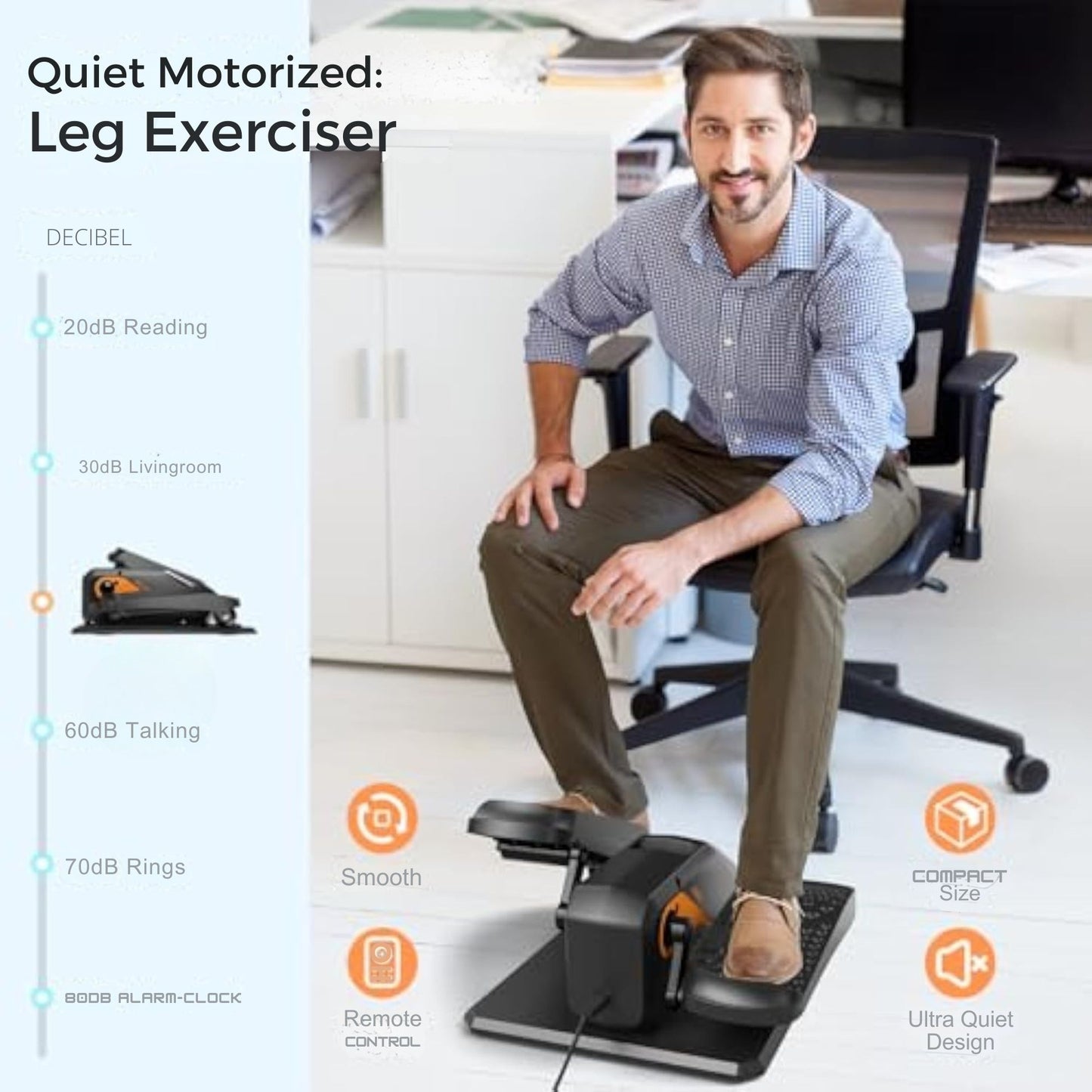 Man using the JC Health quiet motorized leg exerciser in an office, demonstrating its ultra-quiet operation (20dB reading), smooth motion, compact size, and remote control, ideal for discreet fitness