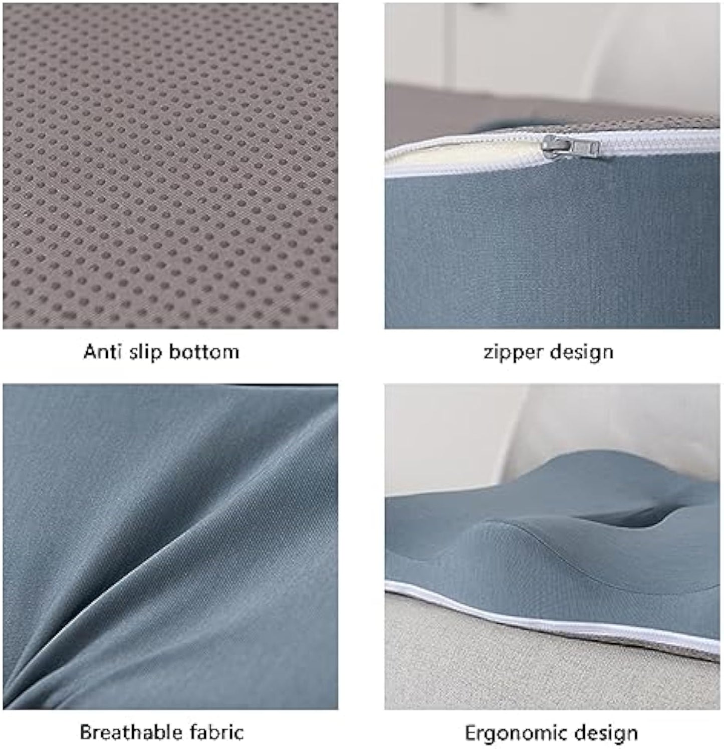 Close-up collage of JC Health ergonomic cushion features: anti-slip bottom for stability, durable zipper design for easy cleaning, breathable fabric for comfort, and contoured ergonomic design for optimal support
