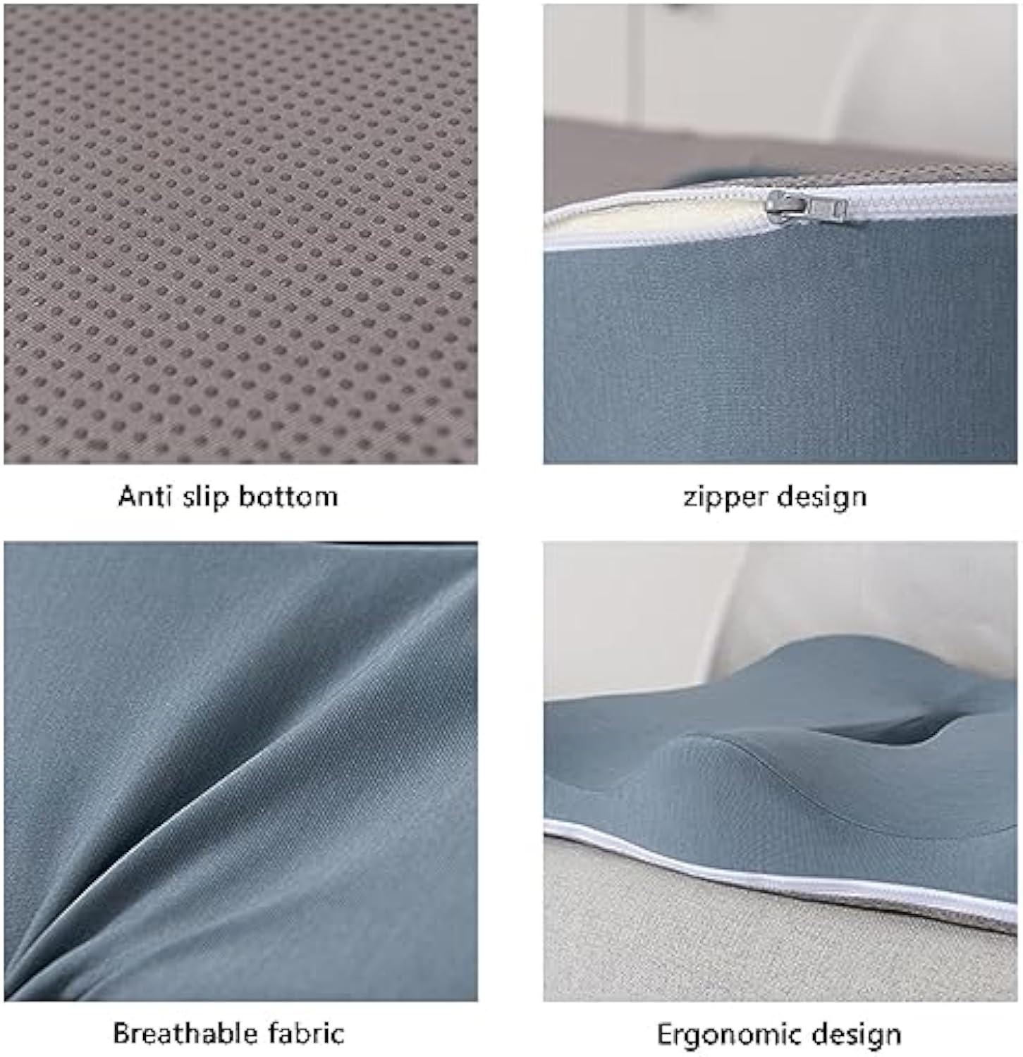 Close-up collage of JC Health ergonomic cushion features: anti-slip bottom for stability, durable zipper design for easy cleaning, breathable fabric for comfort, and contoured ergonomic design for optimal support