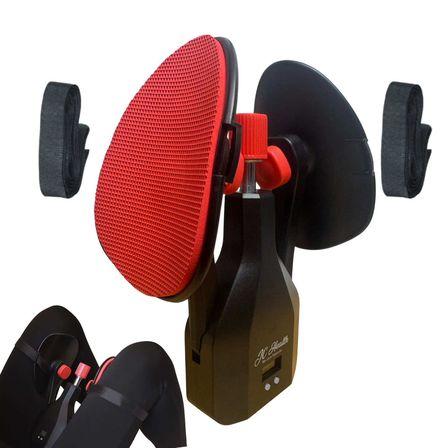 JC Health Tight Master Inner Thigh & Pelvic Floor Muscle Trainer with red adjustable resistance knob and textured, high-grip red padding, shown angled for dimension.