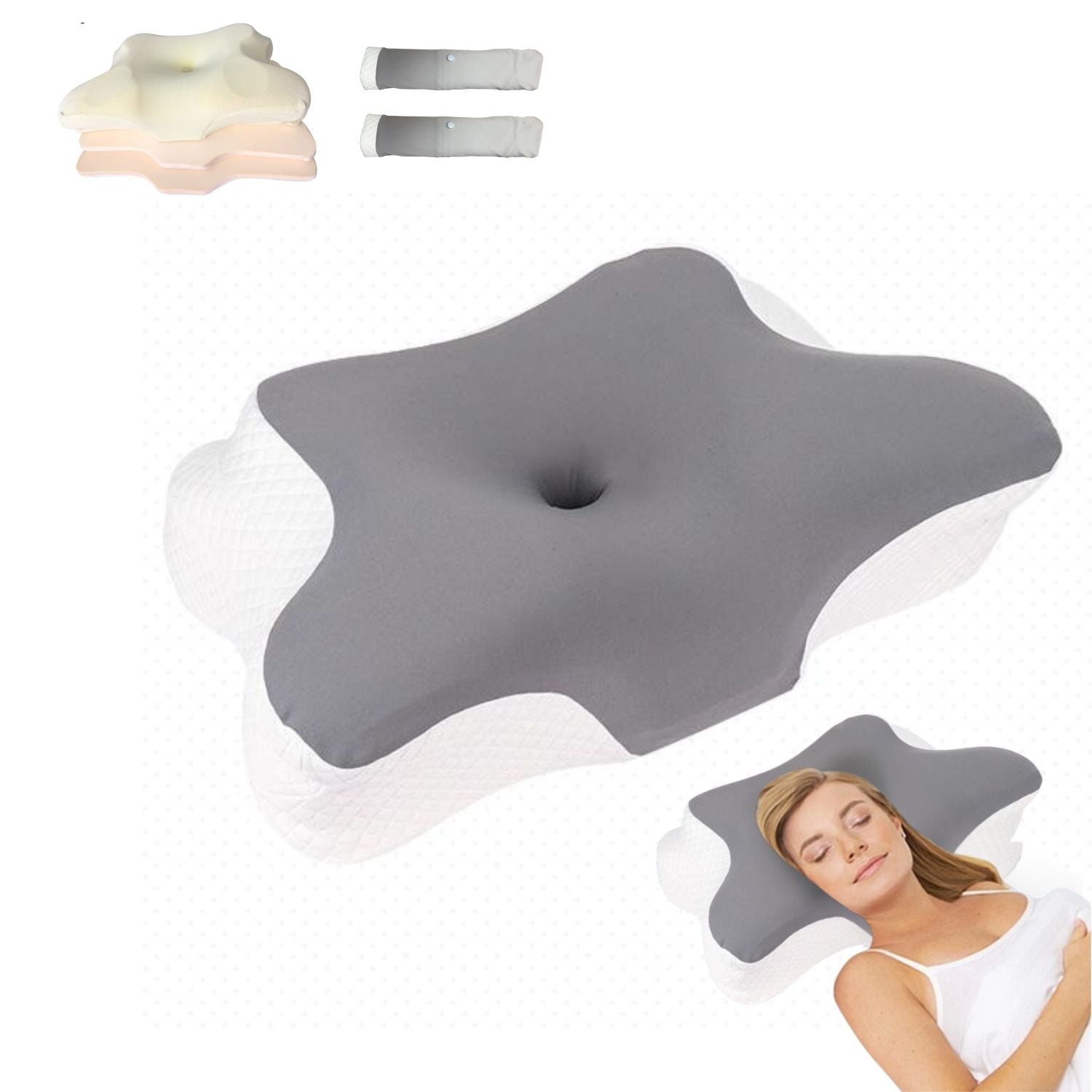 JCHEALTH ergonomic butterfly memory foam pillow with 3 adjustable layers, shown with a woman sleeping peacefully for neck and spine support