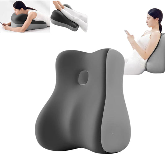 Gray ergonomic pillow with a woman using it in various positions on a white background