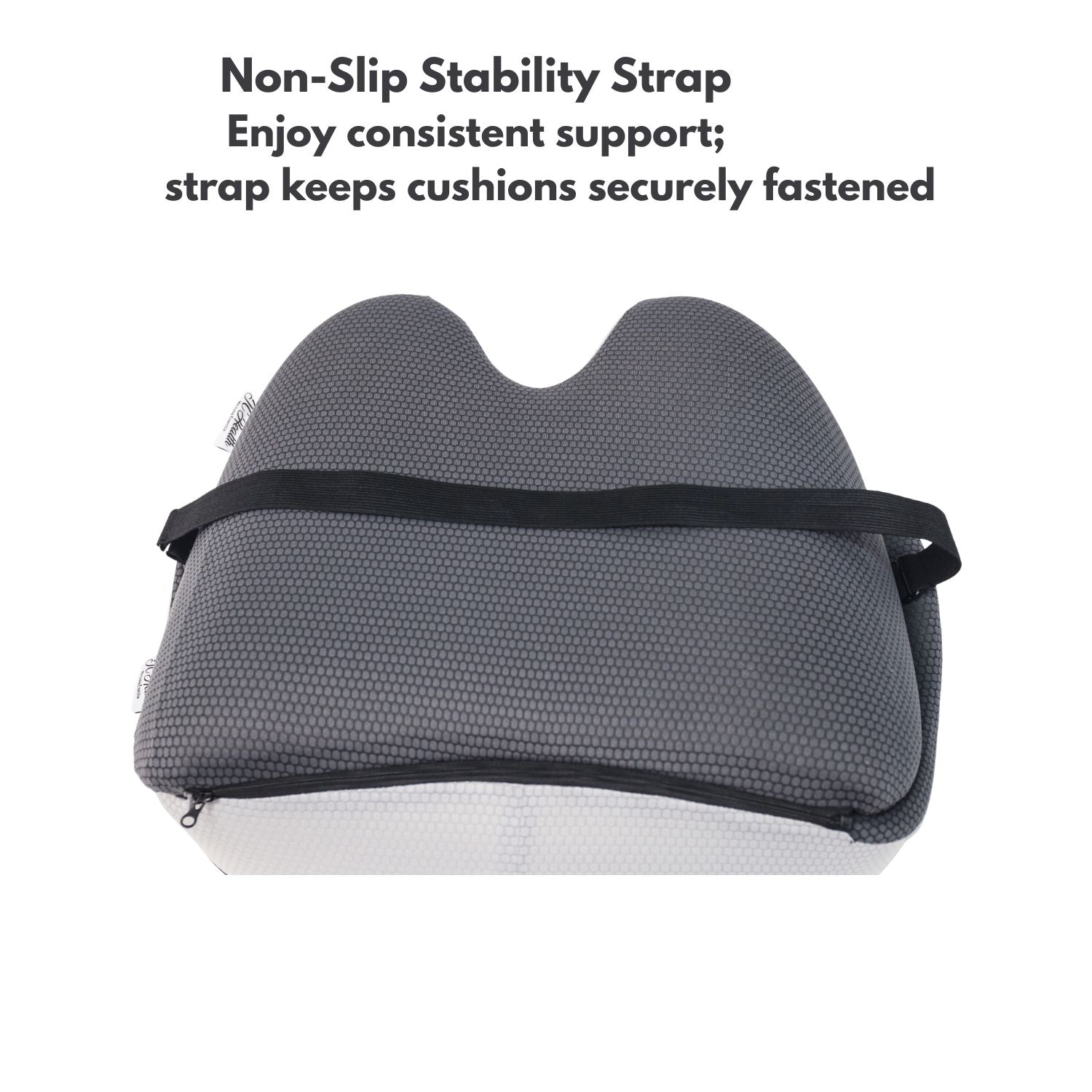 Close-up showing the adjustable elastic non-slip back strap fully extended, designed to securely fasten the lumbar cushion to any chair and prevent sliding.