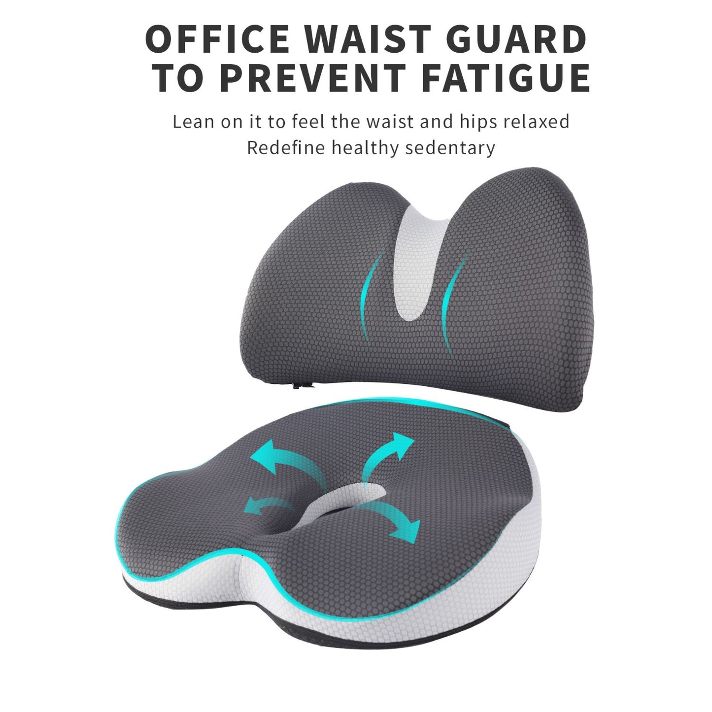 Infographic highlighting the lumbar curve support and hip pressure relief features with arrows, showing how the cushion prevents sitting fatigue