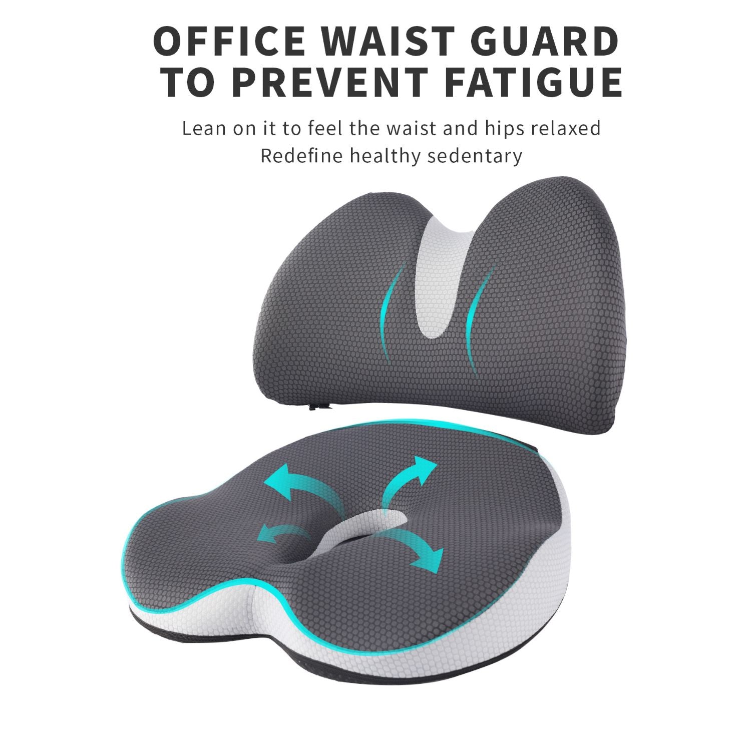 Infographic highlighting the lumbar curve support and hip pressure relief features with arrows, showing how the cushion prevents sitting fatigue