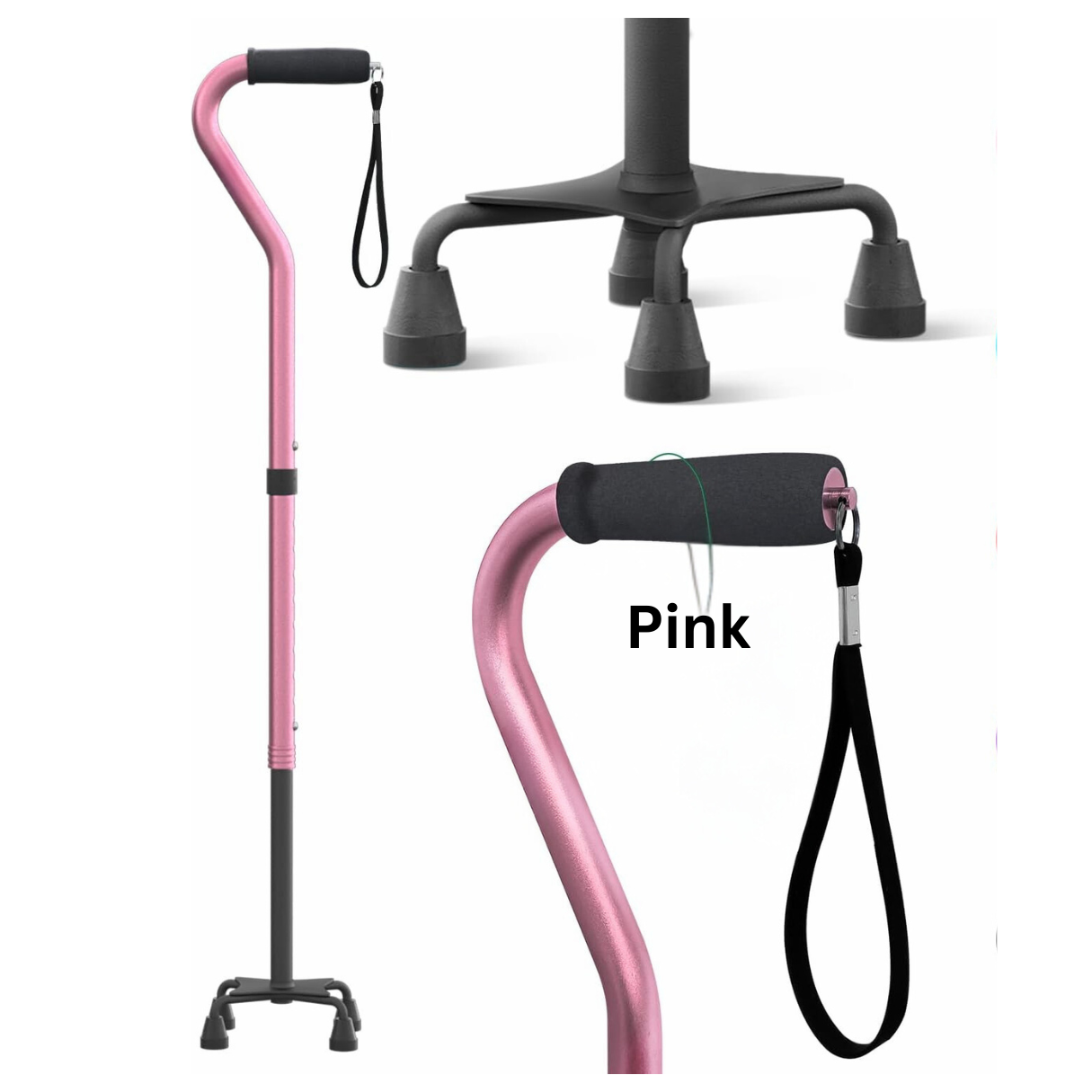 JCHealth Aluminum Quad Cane Wide Base for Superior Stability & Comfort for Seniors 5 Colour